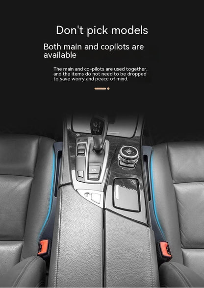 Black car seat gap storage box organiser pocket placed between vehicle seat and centre console