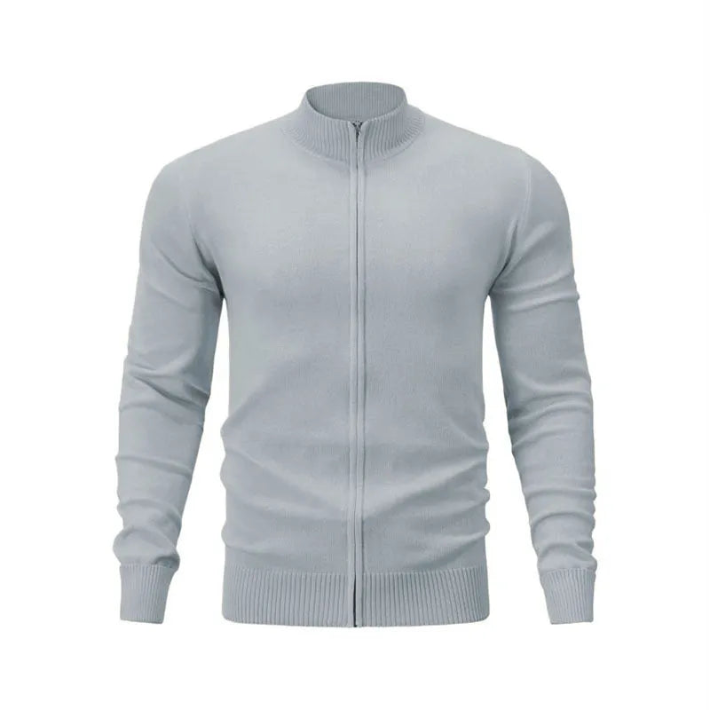 Casual zip-front cotton sweater with a stand collar shown in a solid colour.