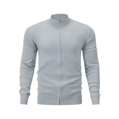 Casual zip-front cotton sweater with a stand collar shown in a solid colour.