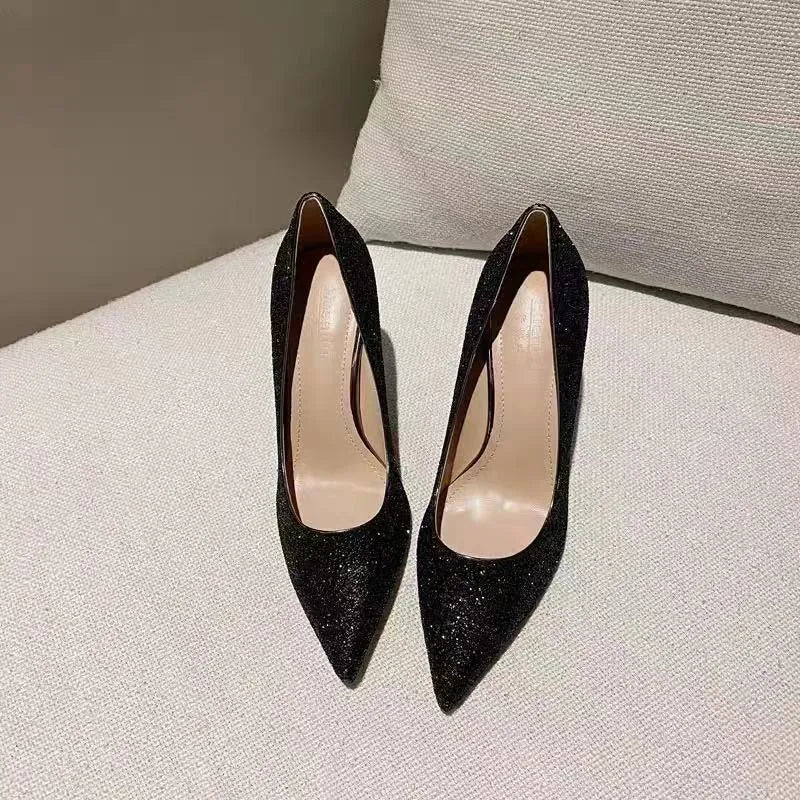 Women's wedding shoes with PU upper in black and silver, heel heights 3cm 7cm 9cm, sizes 34-40