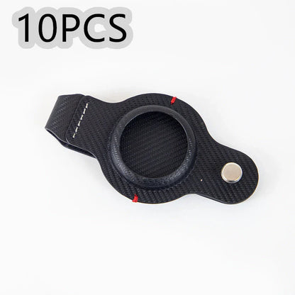 Stylish and secure AirTag holder keychain in black and grey PU leather, with a sturdy key ring for attaching to valuables