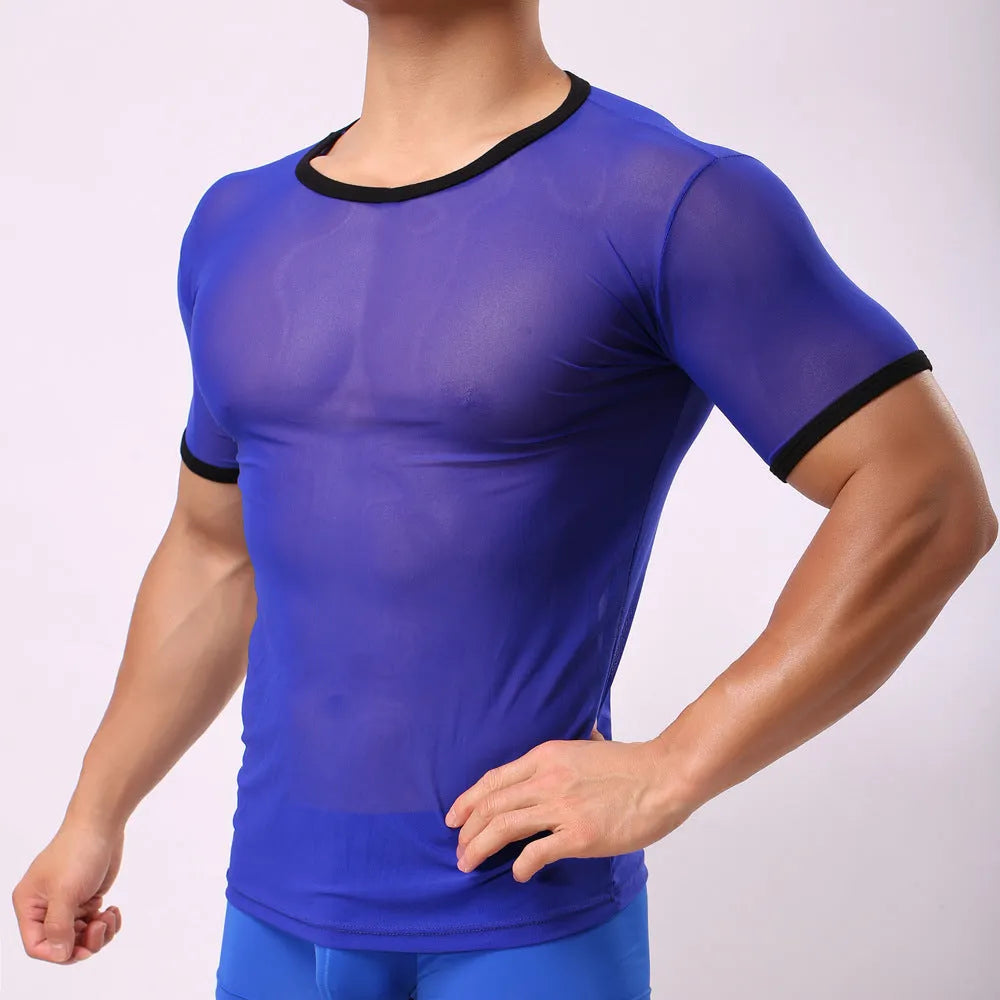 Men's slim fit solid colour mesh t-shirt in black, shown front-on.