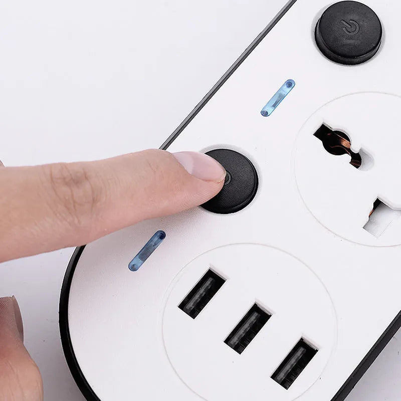 Power strip with multi-switch design available in European Standard, American Standard and British Standard plug formats, featuring USB charging ports for household, office and hotel use, supplied with 2m, 3m or 5m cable length options.