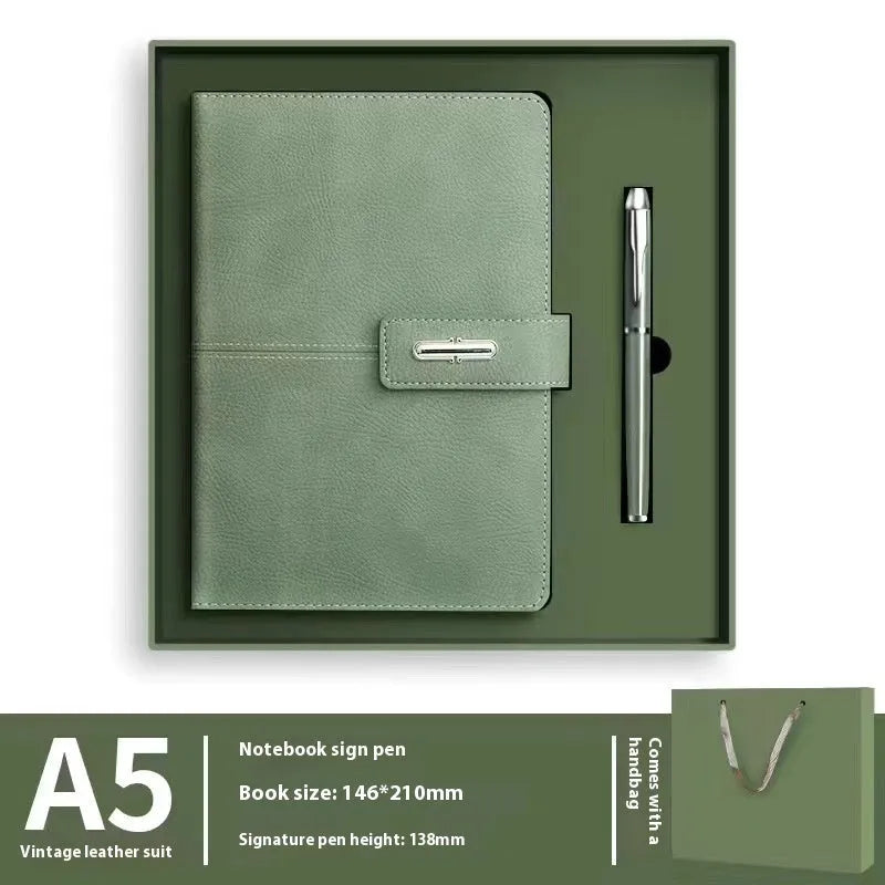 A5 notebook with imitation leather cover in a choice of colours including black, red, green, blue, and orange.