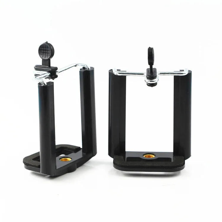 Black plastic U clip mobile phone holder attached to a hose, measuring 8cm by 5cm