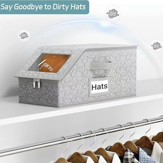 Grey foldable woven fabric storage box with dimensions 42cm by 22cm by 17cm for organising caps and sundries.