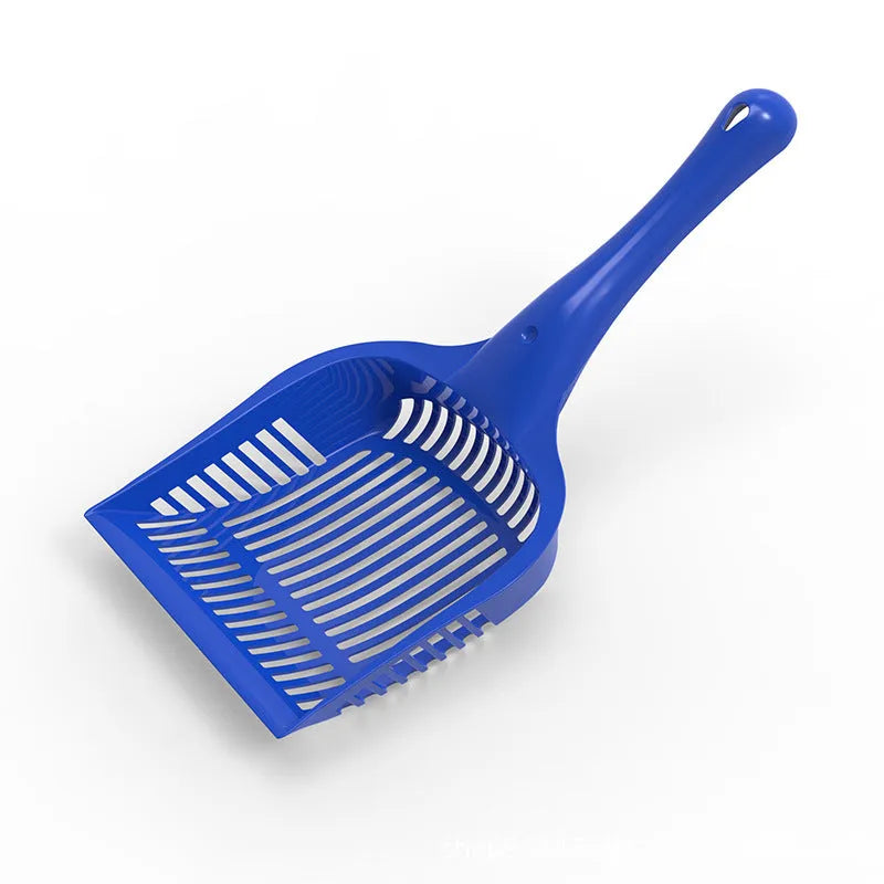 Red, yellow, and blue plastic cat litter scoops shown in small and medium sizes.