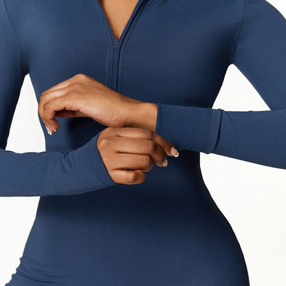 Cozy zippered jumpsuit in various colors, designed for yoga, fitness, and sports activities