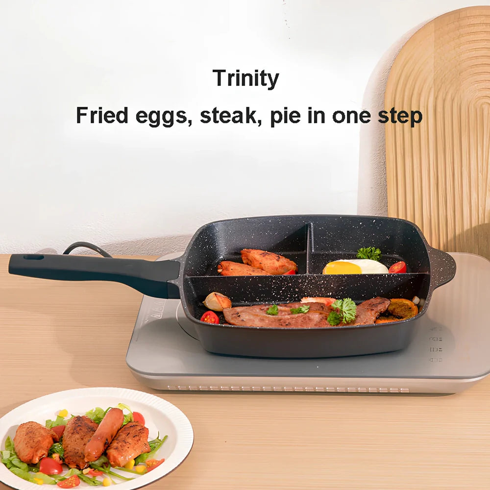 Black three-in-one omelette pan with medical stone non-stick coating and 4.5cm depth for breakfast cooking