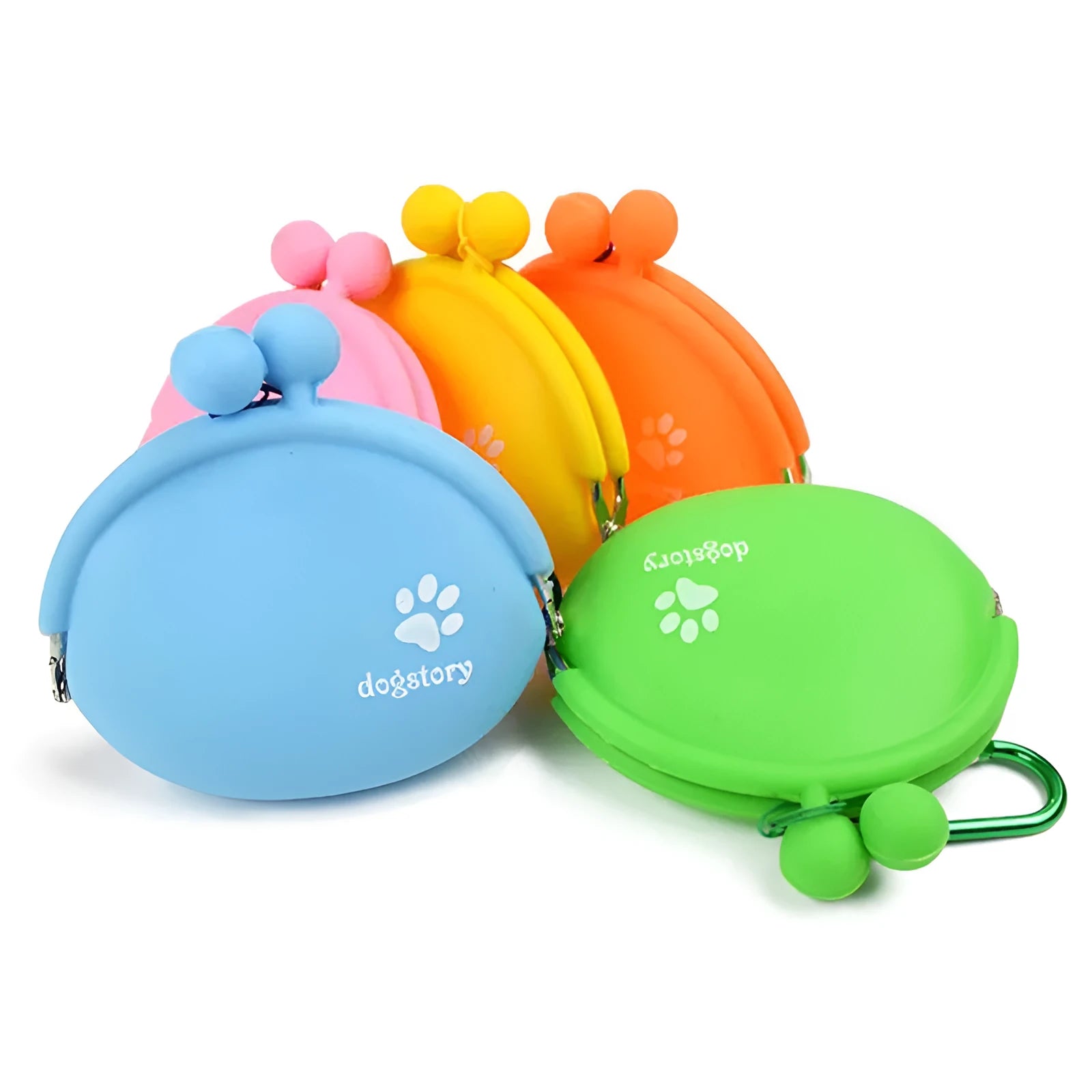 Yellow silicone dog training treat pouch with a black hook and loop waist strap, shown with dog biscuits.