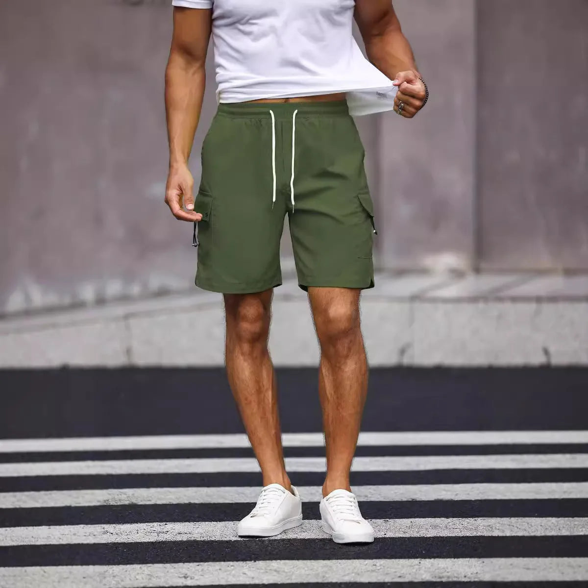 Men's loose straight leg workwear shorts in army green and fluorescent green colour options
