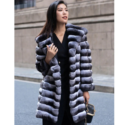 Women's casual artificial mink overcoat with zebra stripes pattern, mid-length 65cm design, regular sleeves