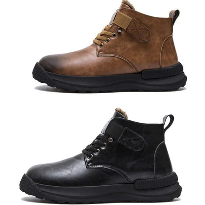 Men's black high-top platform Martin boots with a velvet-like PU upper and rubber sole.