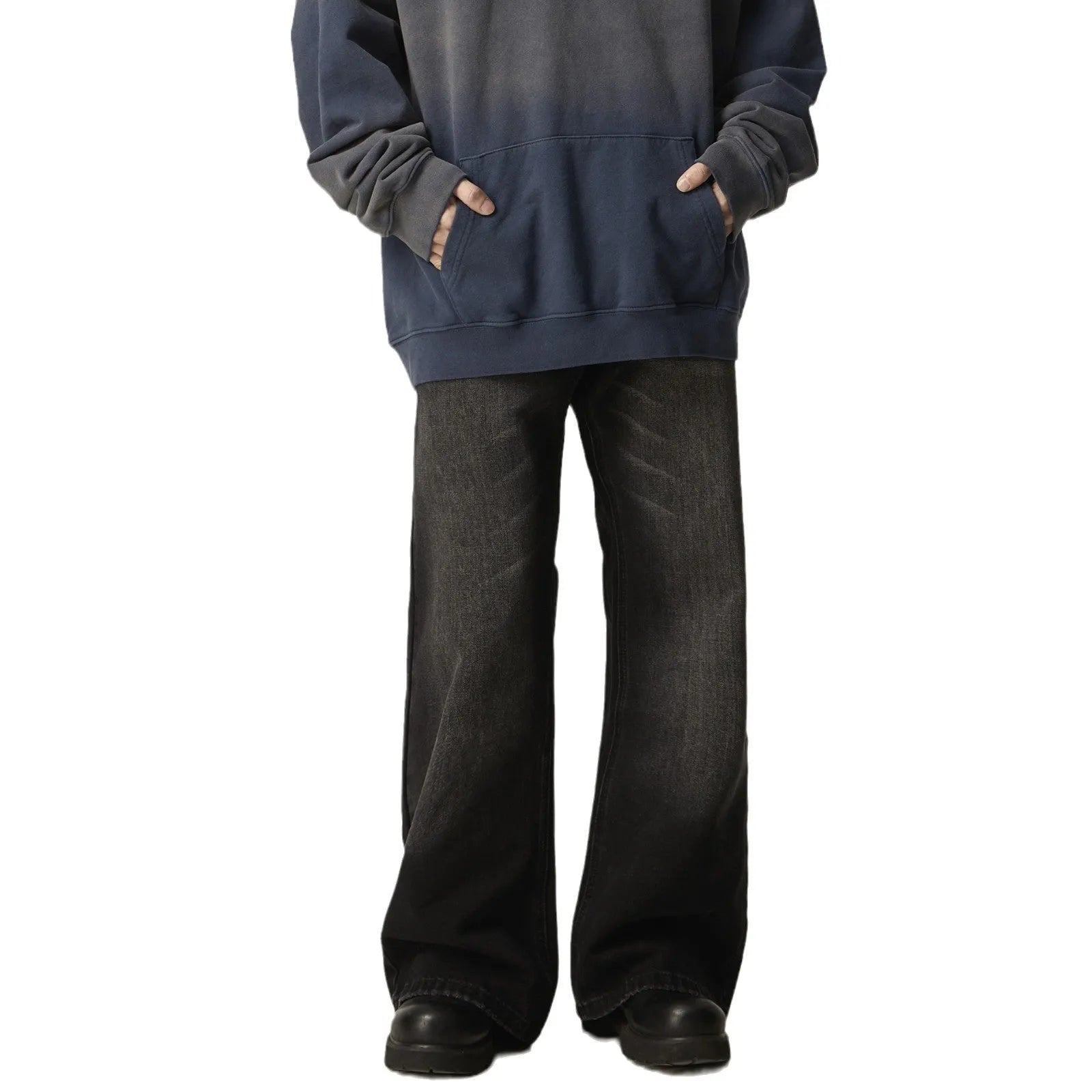 Black loose straight jeans with retro styling, zipper fly, and inelastic denim fabric