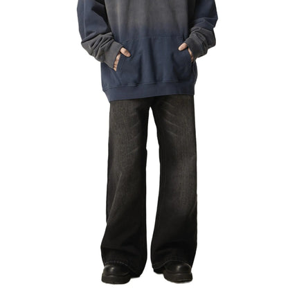 Black loose straight jeans with retro styling, zipper fly, and inelastic denim fabric
