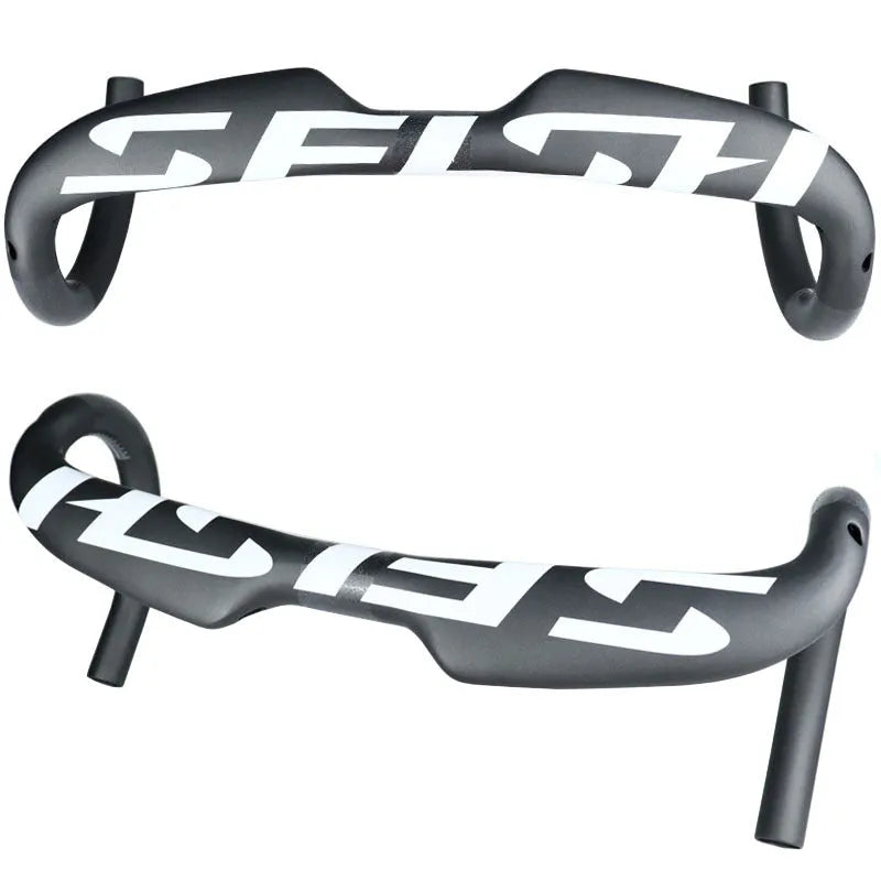 Carbon fibre road bicycle handlebar with ergonomic bent shape, shown in a choice of finishes.