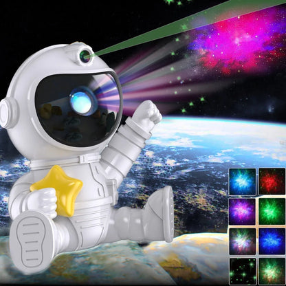 Astronaut-shaped projection lamp with starry display showing seven colour options and remote control