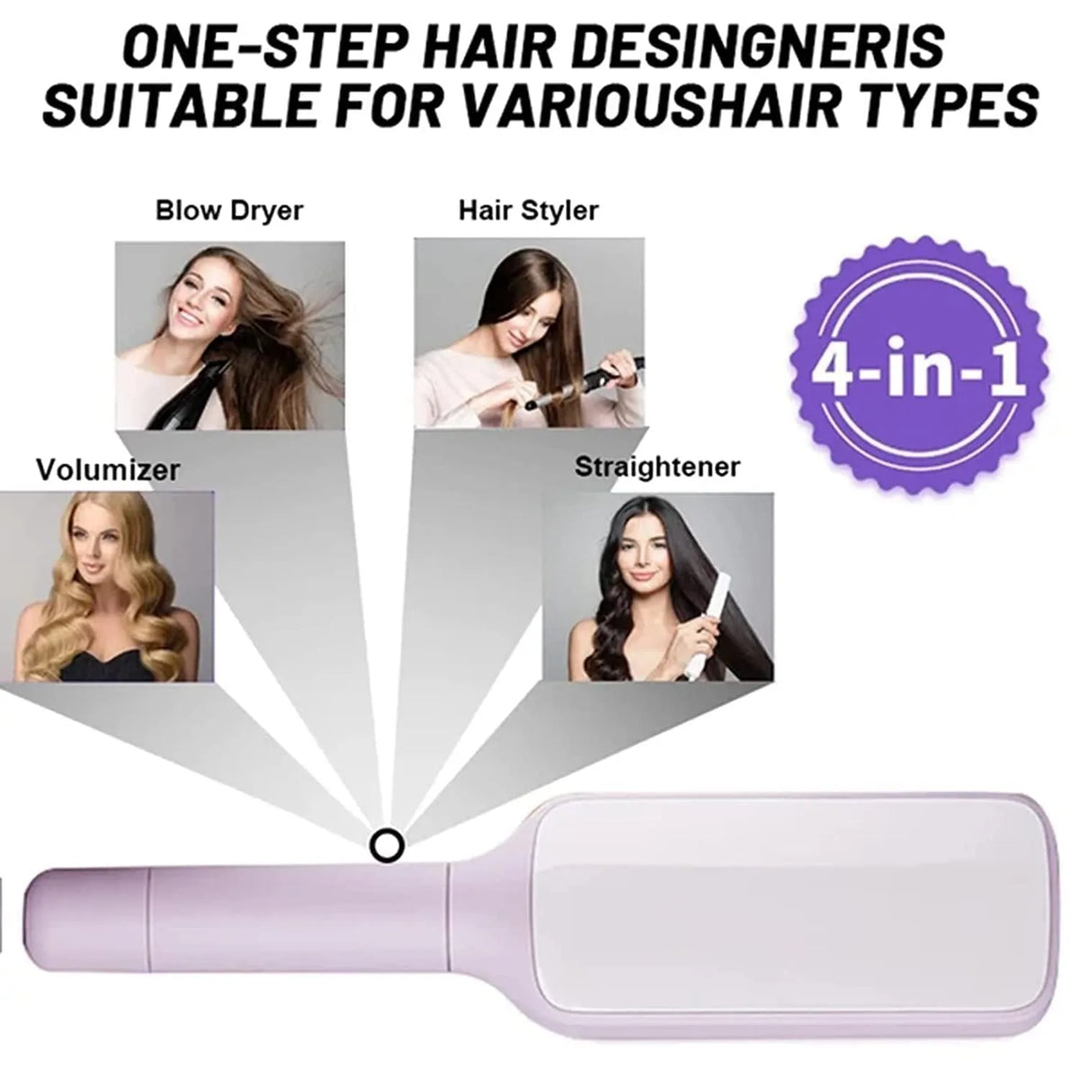 Roland Purple self-cleaning hair brush with rotating telescopic handle and anti-static bristles.