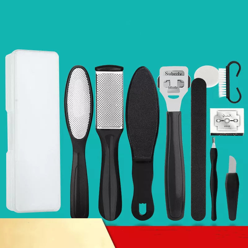 Pedicure tool set for dead skin removal and foot care, includes foot planer, scrubber, and more