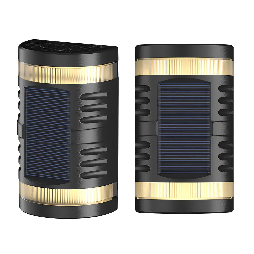 Solar-powered outdoor wall light with waterproof ABS housing measuring 90x60x151mm