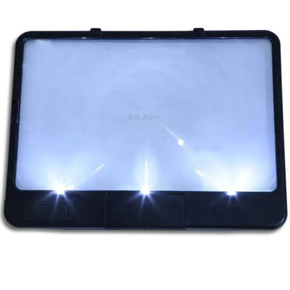 180x140mm magnifying glass with LED reading light showing 3x magnification and desktop/handheld design