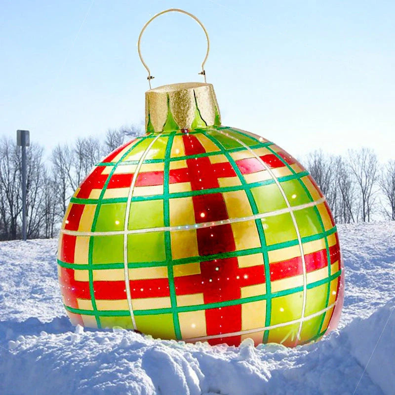 Vibrant, inflatable 60cm Christmas ball decorations in various patterns and colors for indoor and outdoor holiday display