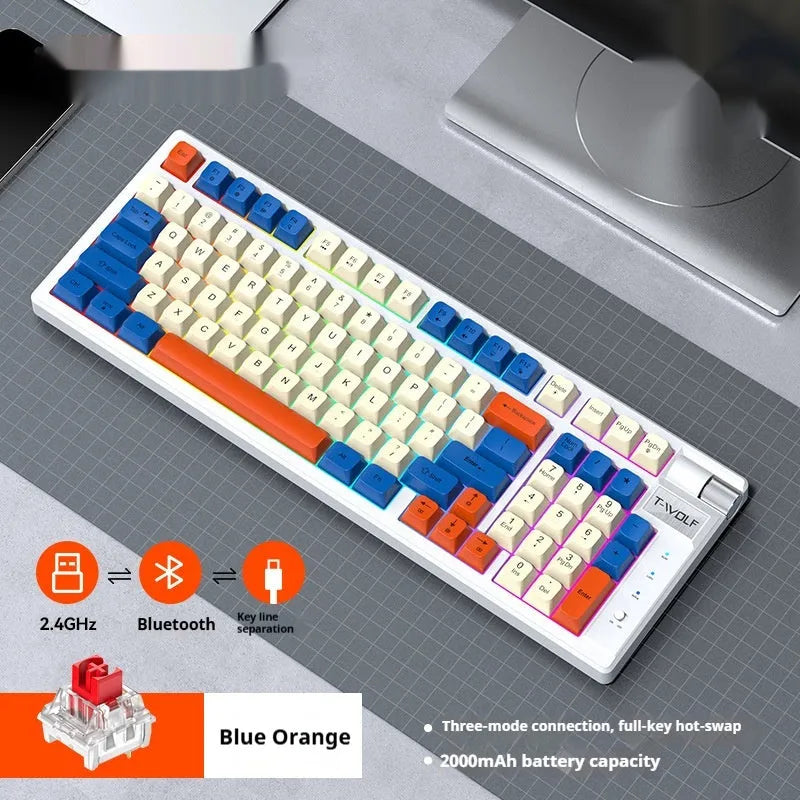 Bluetooth mechanical gaming keyboard with charging cable in blue and orange colour scheme