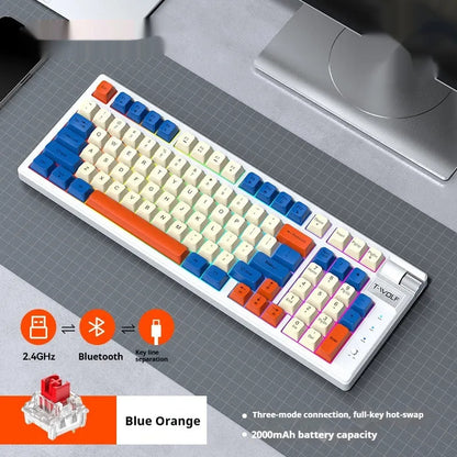 Bluetooth mechanical gaming keyboard with charging cable in blue and orange colour scheme