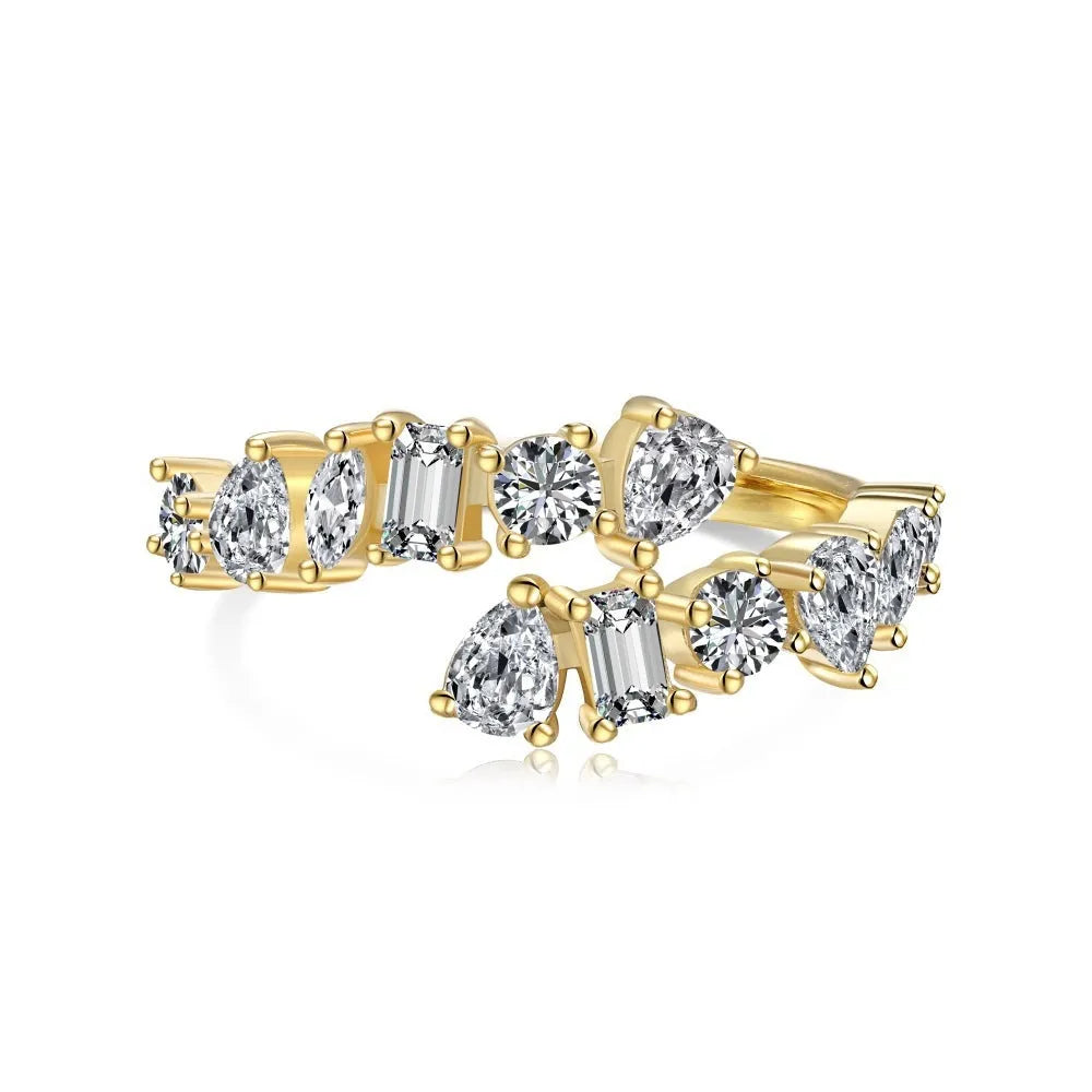Sterling silver zircon rhinestone ring with adjustable open band in heart, wave, U-shape, drop and geometric designs