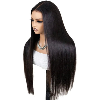 Black straight human hair wig with 13x6 lace front shown at various lengths