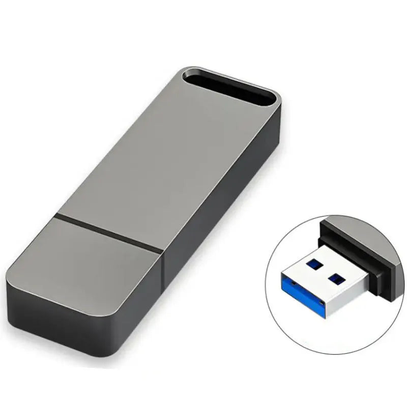 Customisable metal USB flash drive in black, red, or silver, showing high-capacity options for data storage.