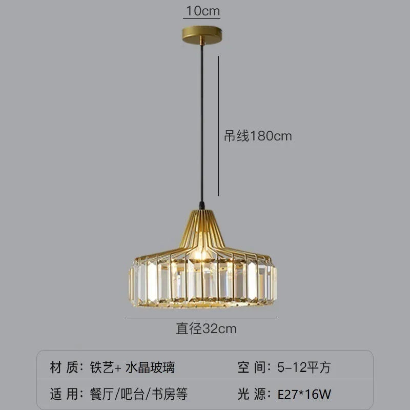 Black and gold iron crystal chandelier LED ceiling lamp with full spectrum light on a white background.
