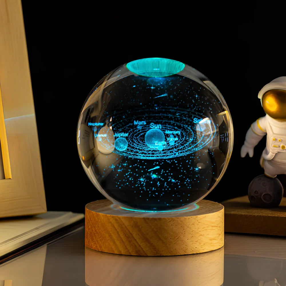 6cm crystal ball night light with Milky Way design on colourful base, USB cable connected
