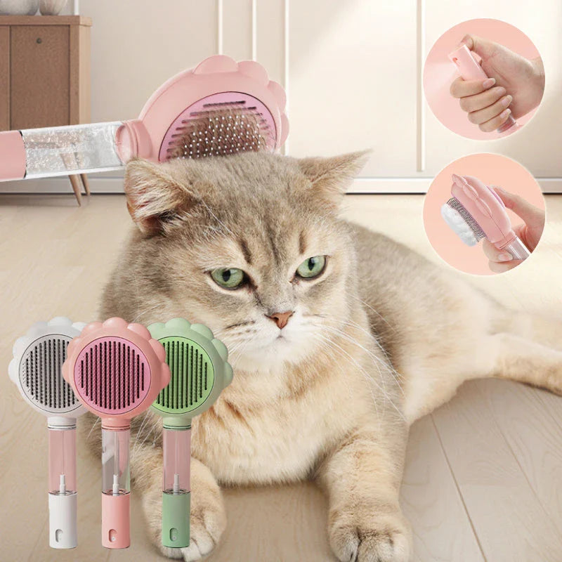 A versatile pet grooming brush with a built-in spray function for efficient hair removal and a calming grooming experience