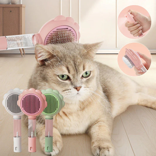 A versatile pet grooming brush with a built-in spray function for efficient hair removal and a calming grooming experience