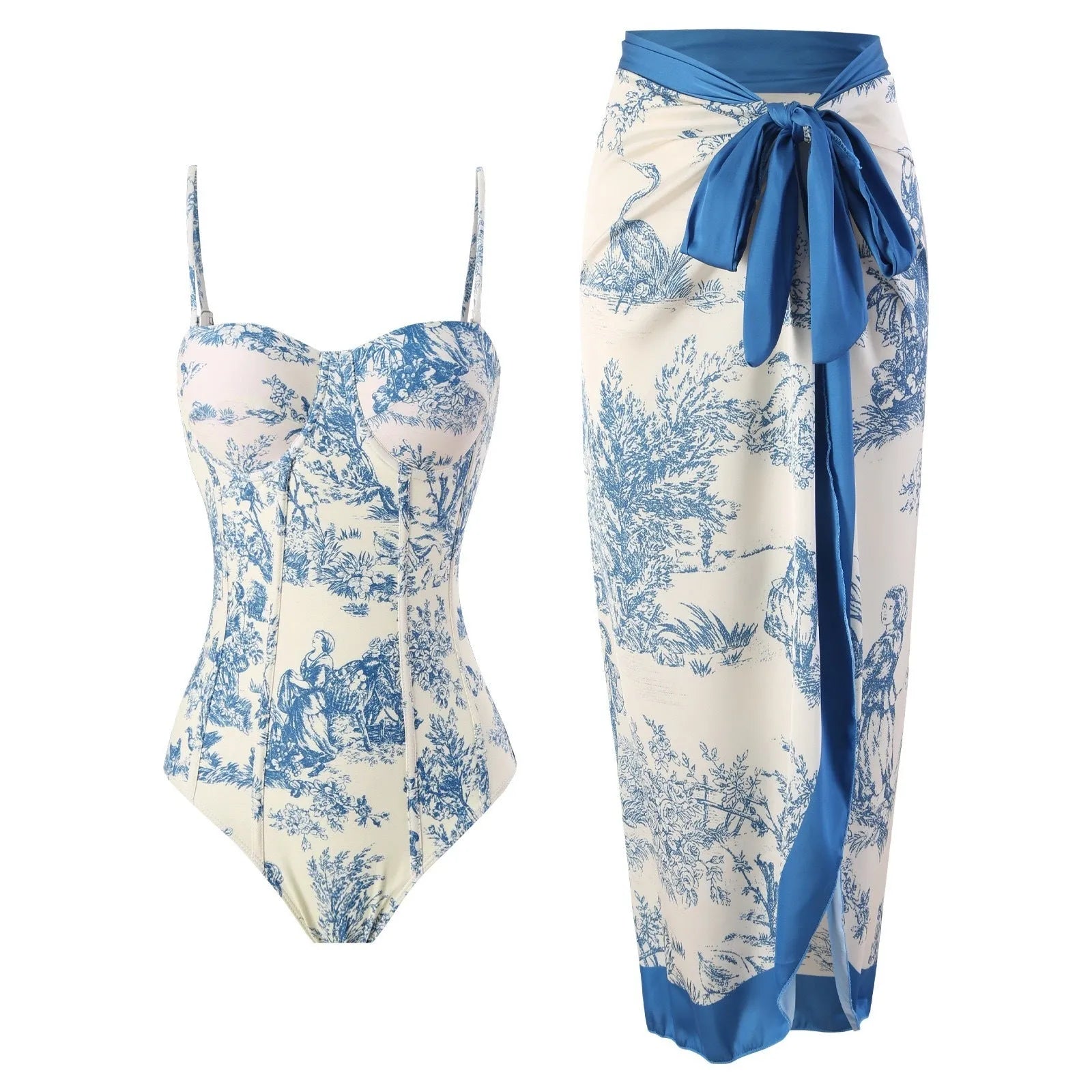 Blue patterned one-piece swimsuit for women with a skirt option.