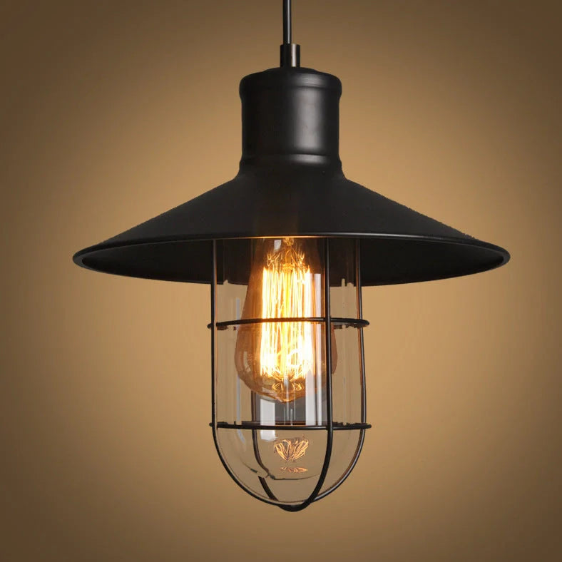 Black iron pendant lamp with cage-style explosion-proof glass shade and adjustable hanging chain