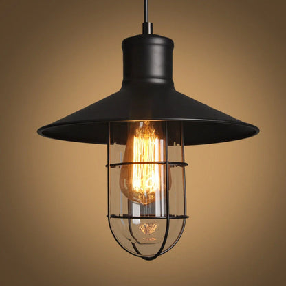 Black iron pendant lamp with cage-style explosion-proof glass shade and adjustable hanging chain