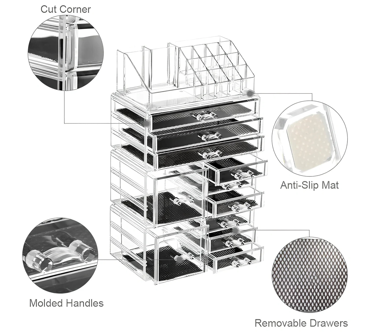 Three-layer transparent acrylic storage box for cosmetics with stackable design measuring 25cm wide