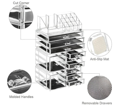 Three-layer transparent acrylic storage box for cosmetics with stackable design measuring 25cm wide
