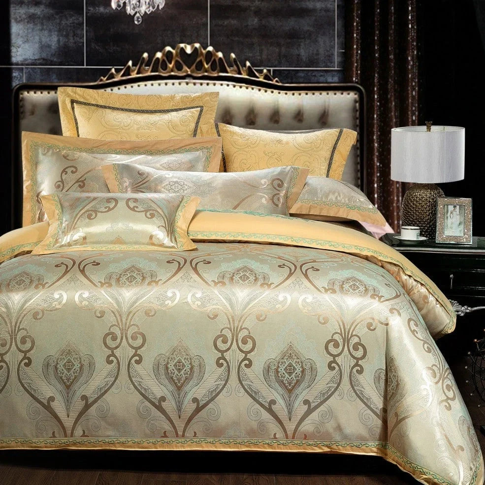 Jacquard woven cotton quilt cover with embroidery detailing in European style, showing textured patterns and colour options