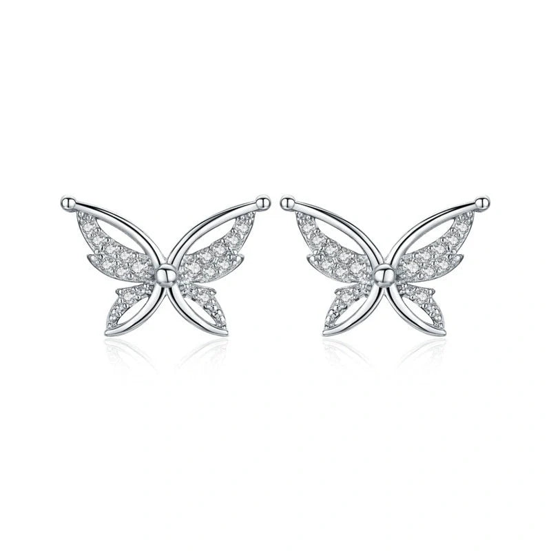 Black butterfly copper-plated stud earrings with full rhinestone zircon detailing