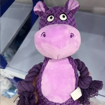 Interactive plush sound cotton rope dog toy in various animal designs for tug of war training