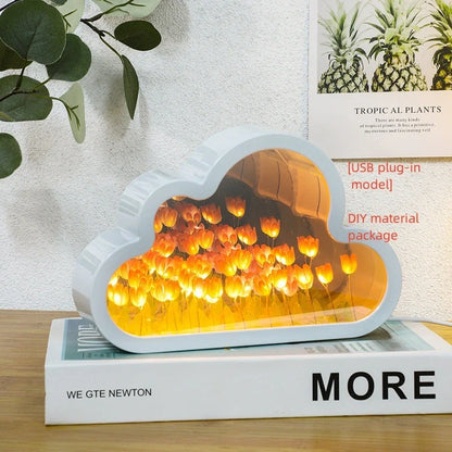 DIY Tulip Night Lamp with LED lights and decorative mirror in pink, purple, and blue