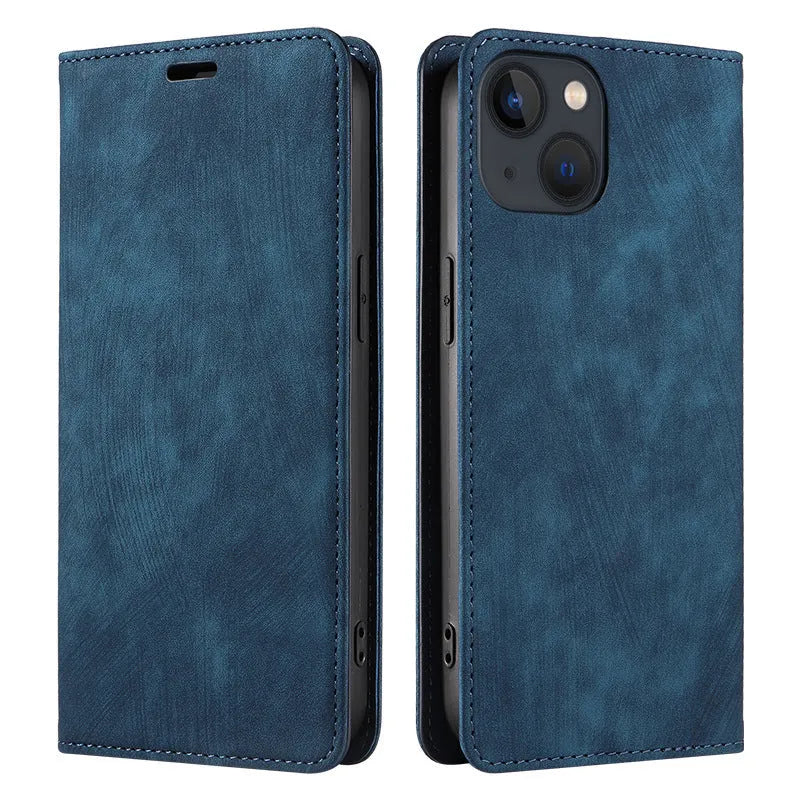 Magnetic flip phone case cover in seven colours for iPhone models with TPU and leather construction