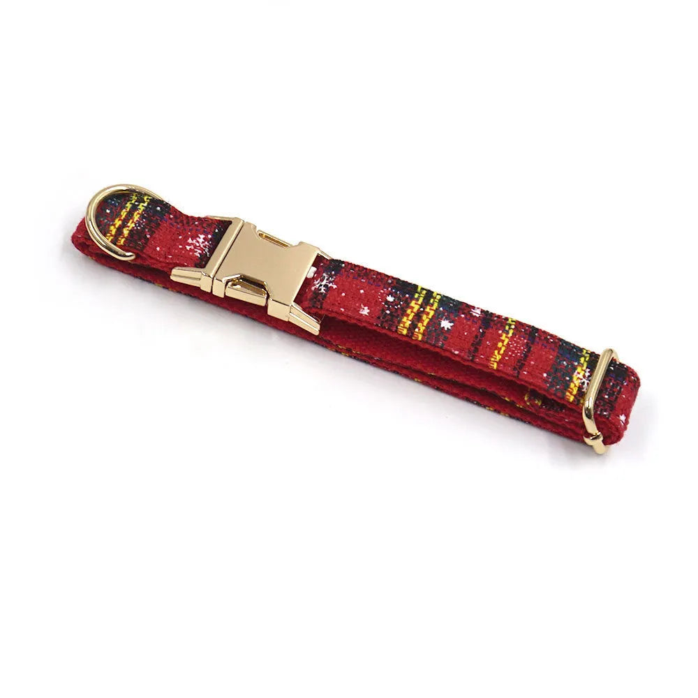 Red Christmas pet accessory set showing collar, traction rope, bowknot, harness and stool bag with laser design