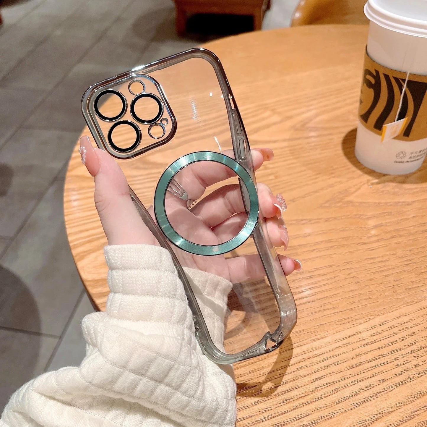 TPU transparent electroplating CD pattern magnetic phone case showing holographic effect on iPhone