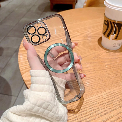 TPU transparent electroplating CD pattern magnetic phone case showing holographic effect on iPhone