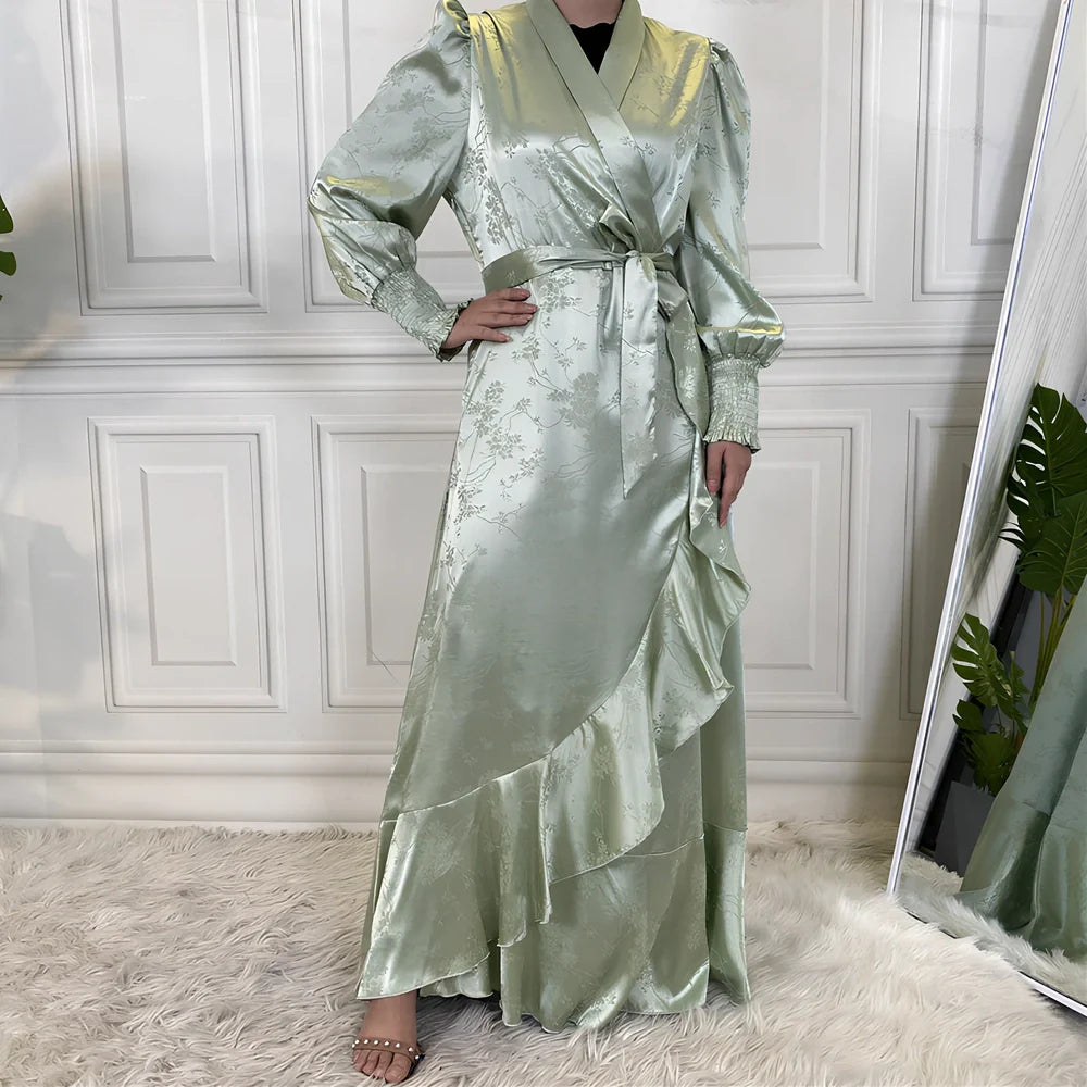 Women's patchwork Muslim dress with satin printing in green, black, pink, gold, or apricot colours