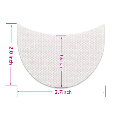 Pack of disposable half-moon shaped under-eye makeup shields on a pink background.